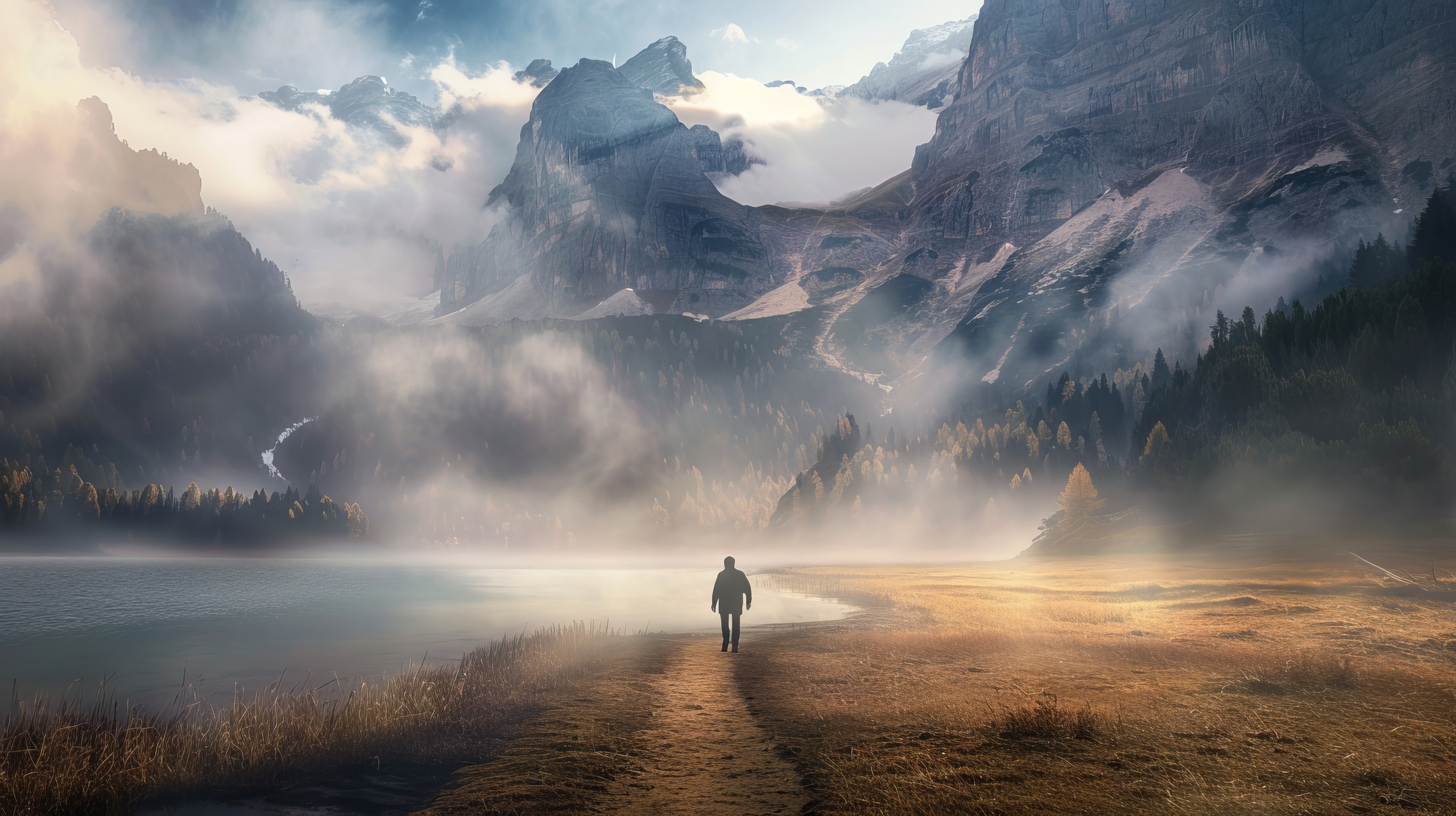 A person walking toward mountains through morning mist.